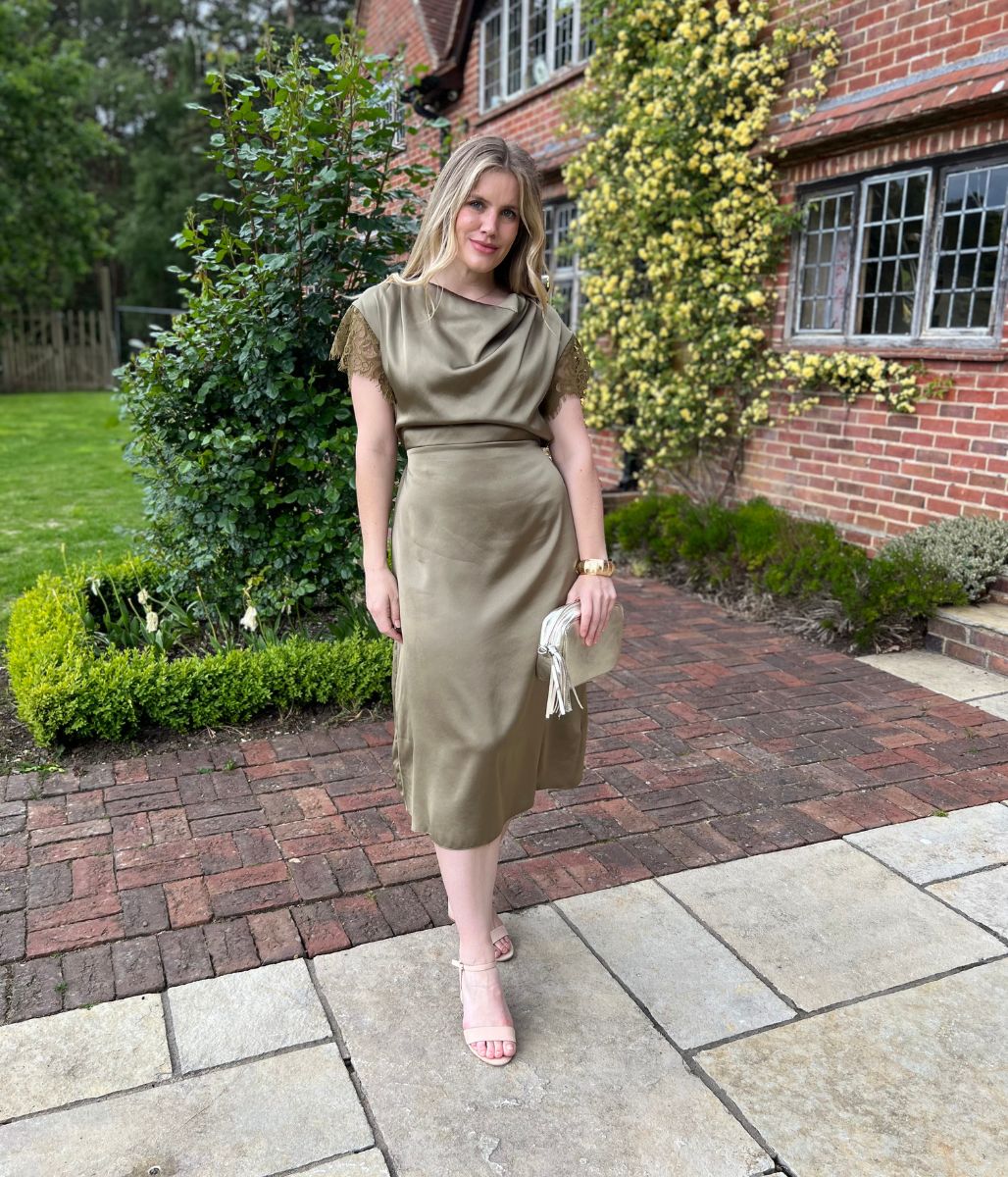 Olive Satin Cowl Neck Midi Dress