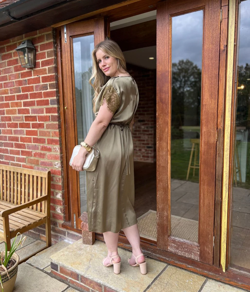 Olive Satin Cowl Neck Midi Dress - Image 3