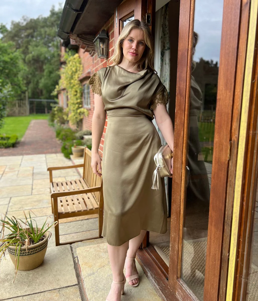 Olive Satin Cowl Neck Midi Dress - Image 5