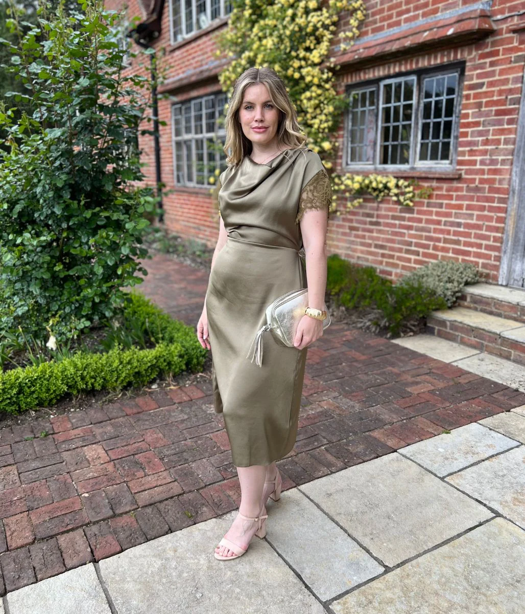 Olive Satin Cowl Neck Midi Dress - Image 6