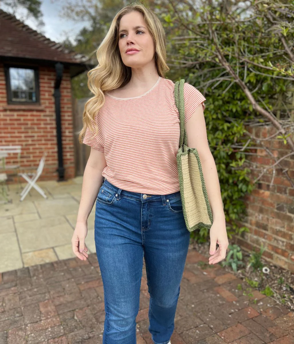 Orange Striped Linen Blend Crew Neck Top - Image 3