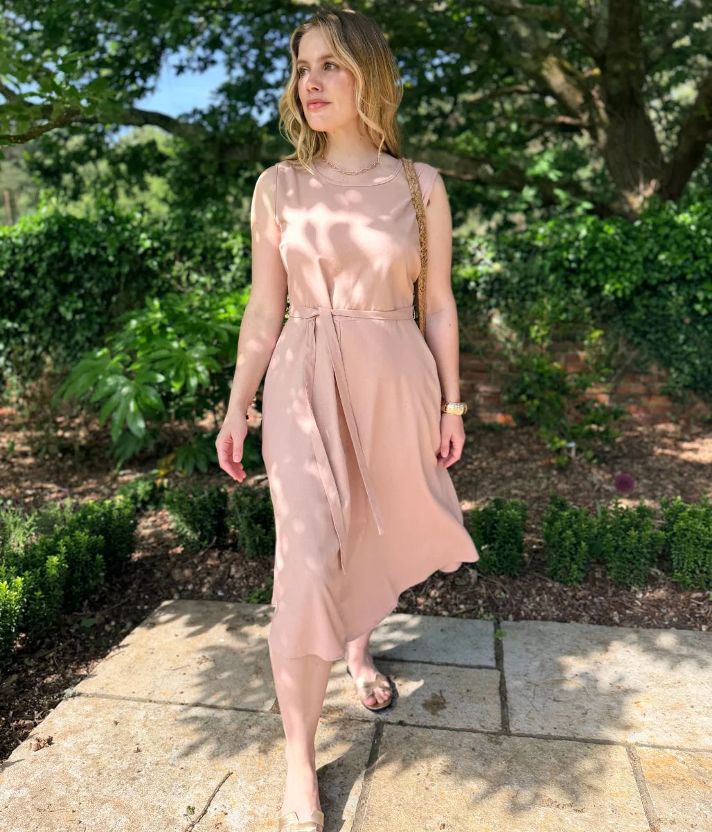 Pale Pink Sleeveless Belted Linen Blend Midi Dress