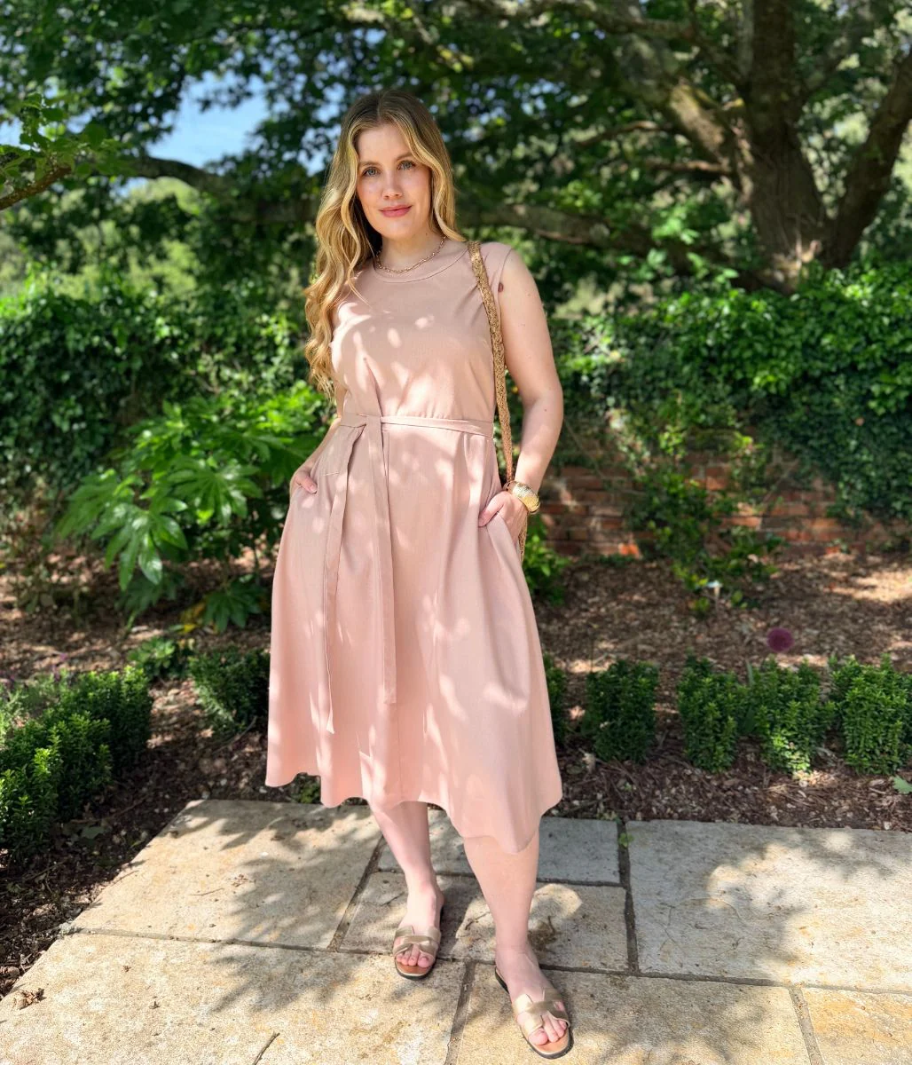 Pale Pink Sleeveless Belted Linen Blend Midi Dress - Image 3