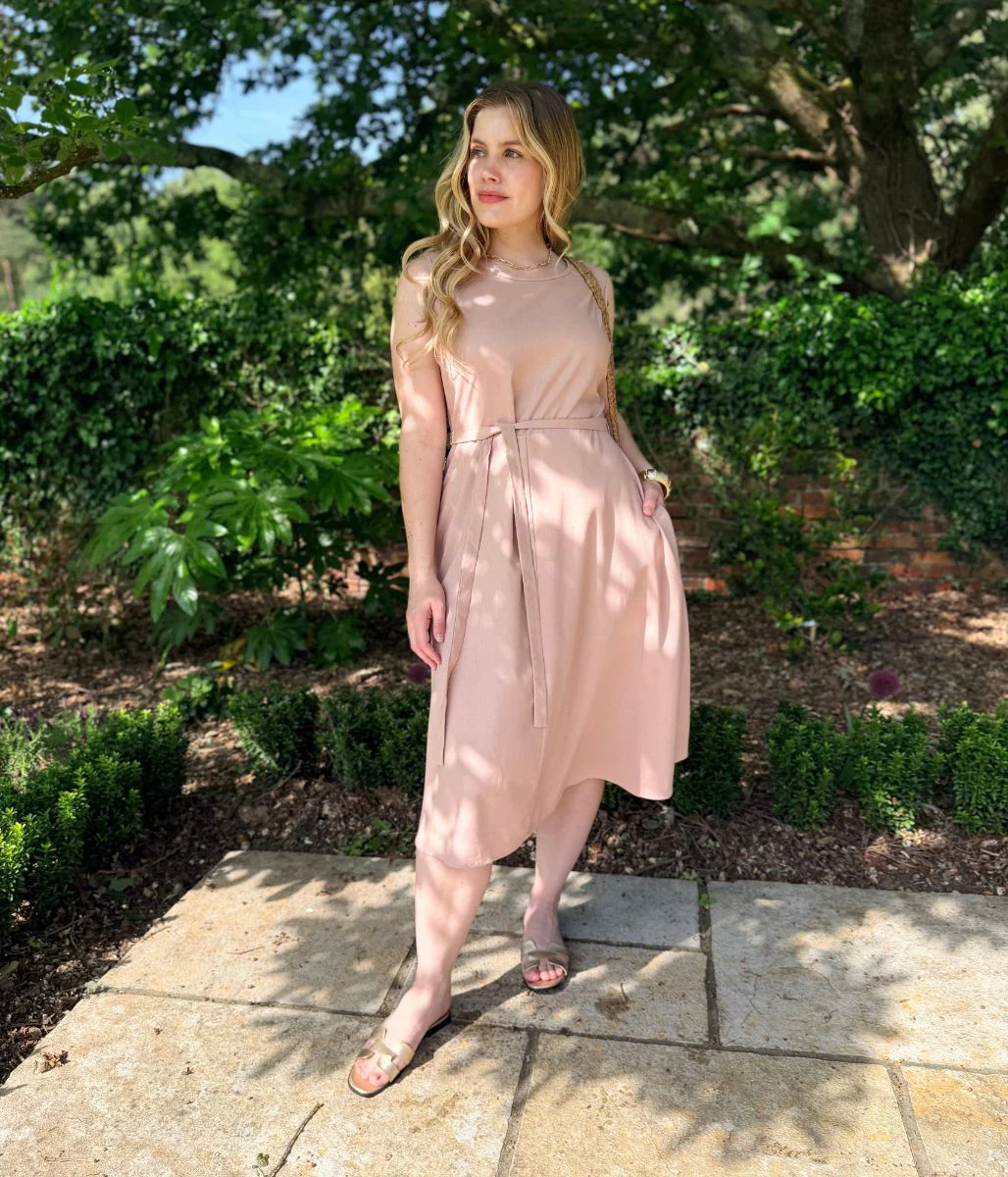Pale Pink Sleeveless Belted Linen Blend Midi Dress - Image 4