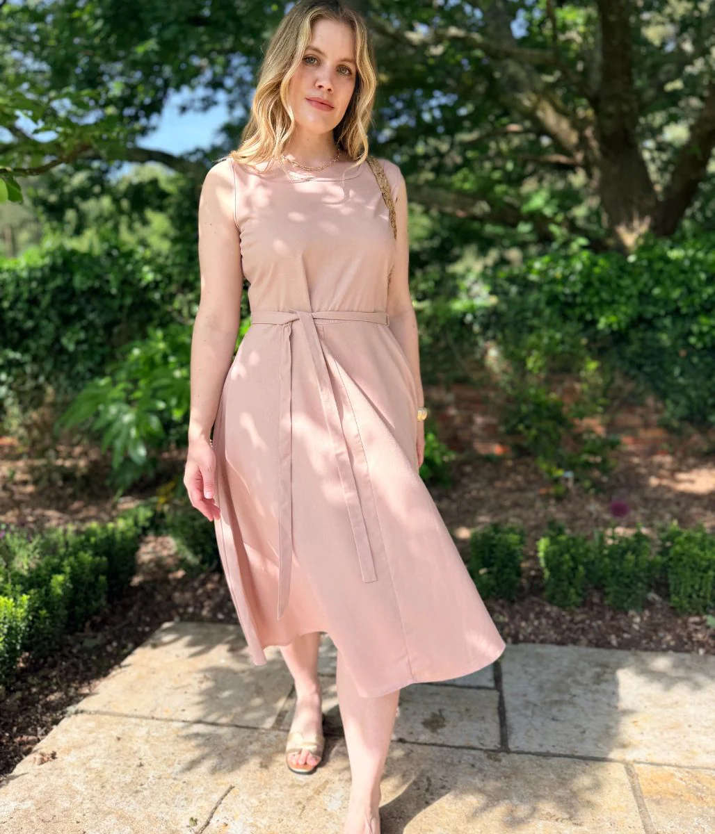 Pale Pink Sleeveless Belted Linen Blend Midi Dress - Image 5