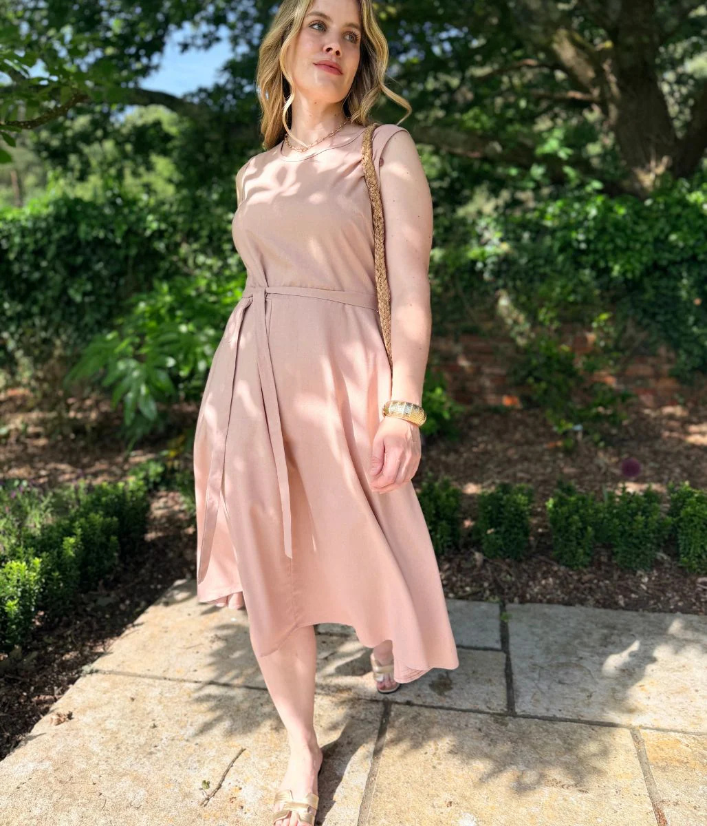 Pale Pink Sleeveless Belted Linen Blend Midi Dress - Image 9