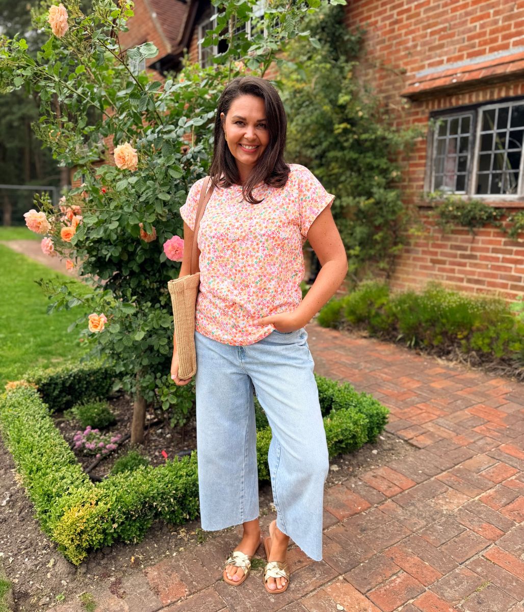 Peach Flower Print Cap Sleeve Top - Image 2
