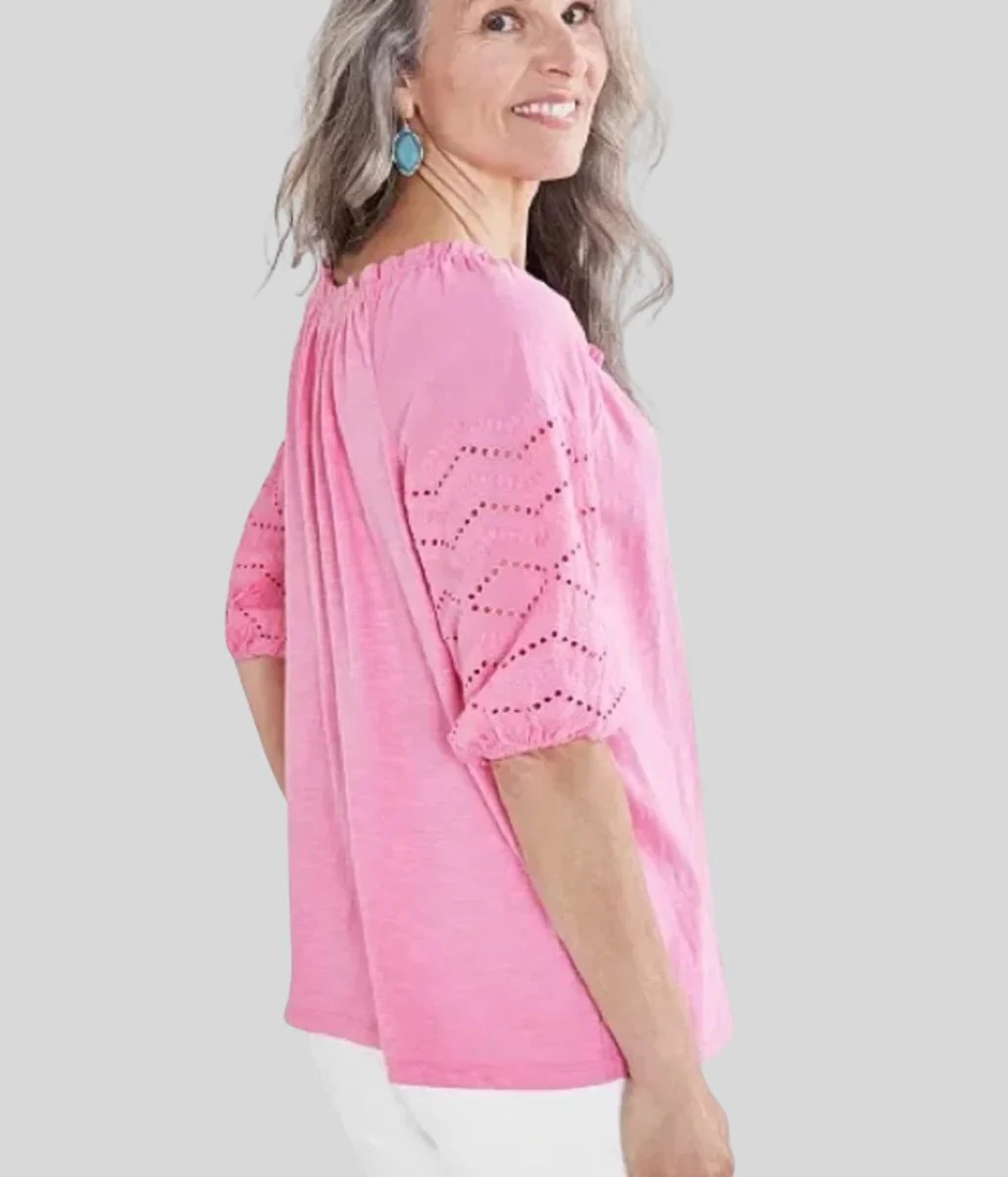 Pink Anglaise Sleeve Tassel Tie Top - Image 2
