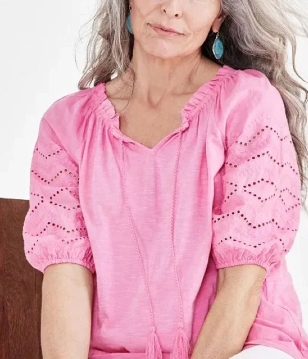 Pink Anglaise Sleeve Tassel Tie Top - Image 3