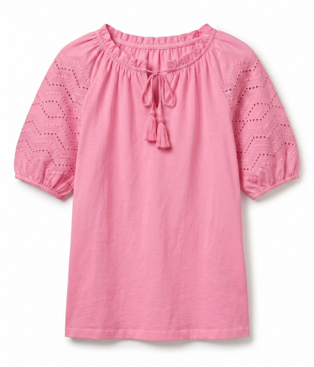 Pink Anglaise Sleeve Tassel Tie Top - Image 4