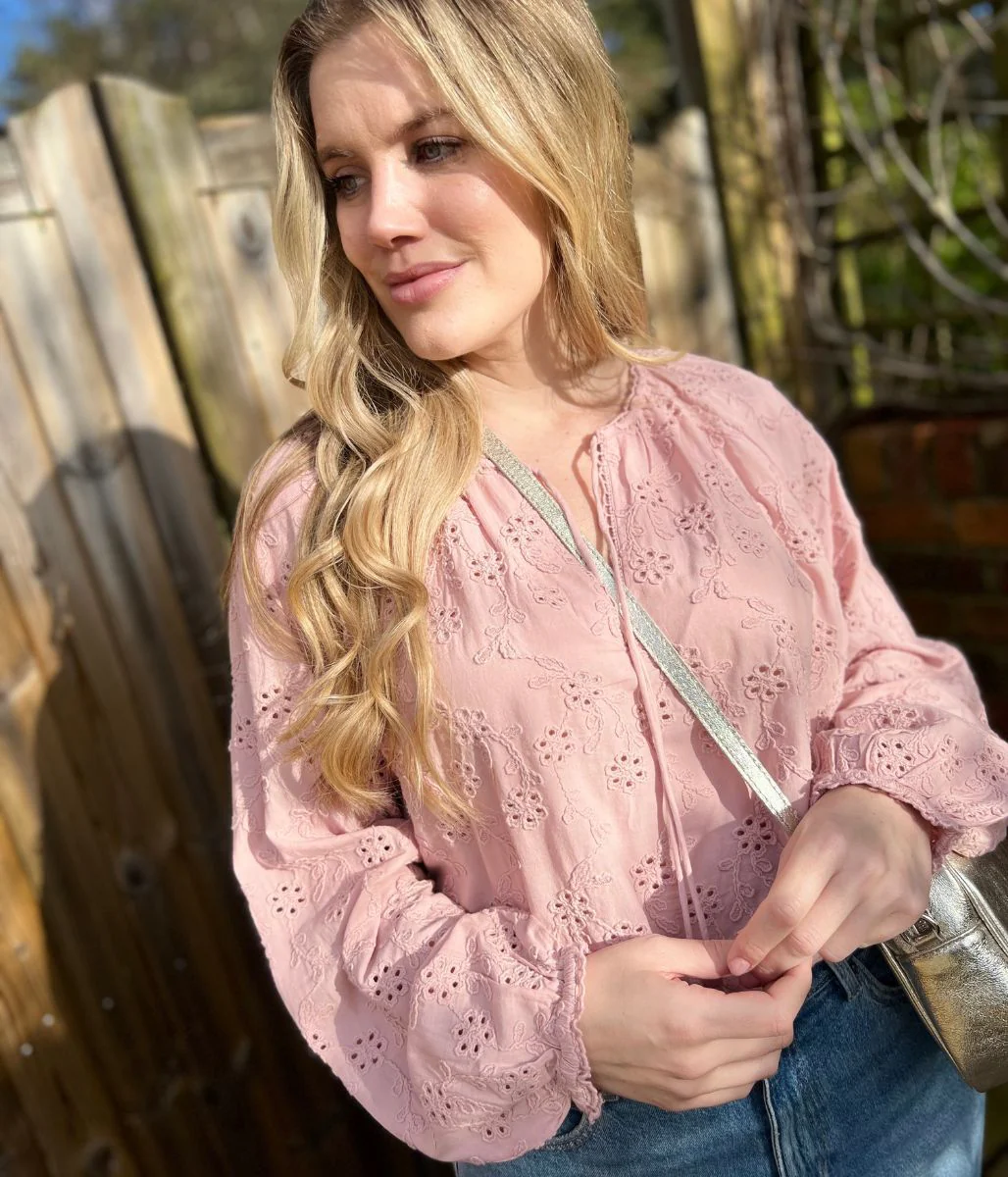 Pink Cotton Broderie Tie Neck Top - Image 11