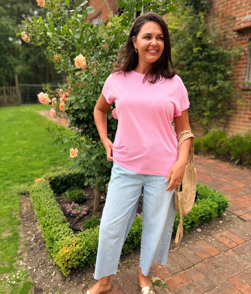 Pink Crew Neck Linen Blend Tee - Image 3
