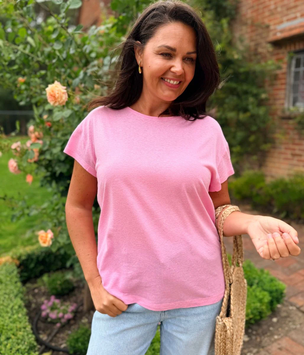 Pink Crew Neck Linen Blend Tee - Image 4