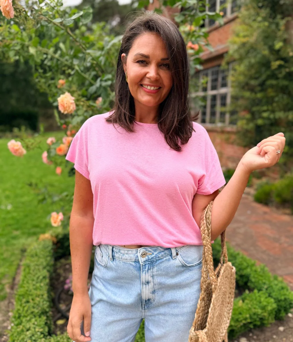 Pink Crew Neck Linen Blend Tee - Image 7