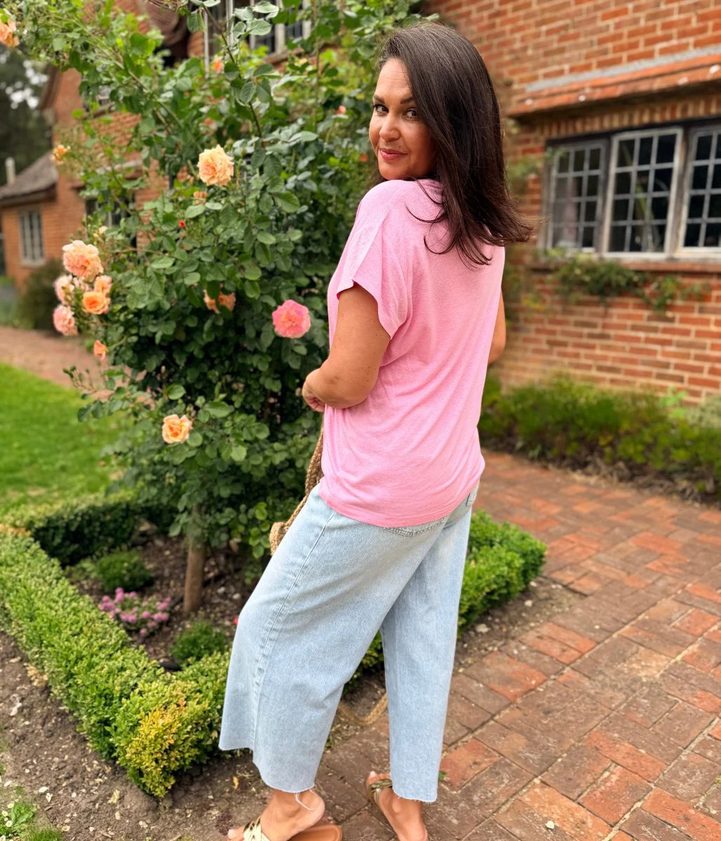 Pink Crew Neck Linen Blend Tee - Image 8