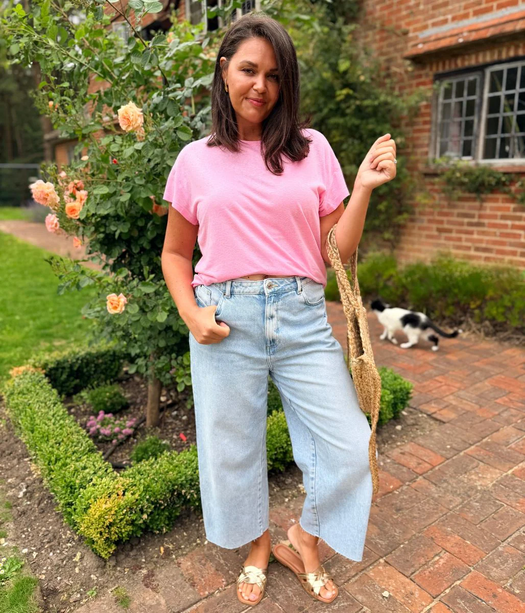 Pink Crew Neck Linen Blend Tee - Image 9