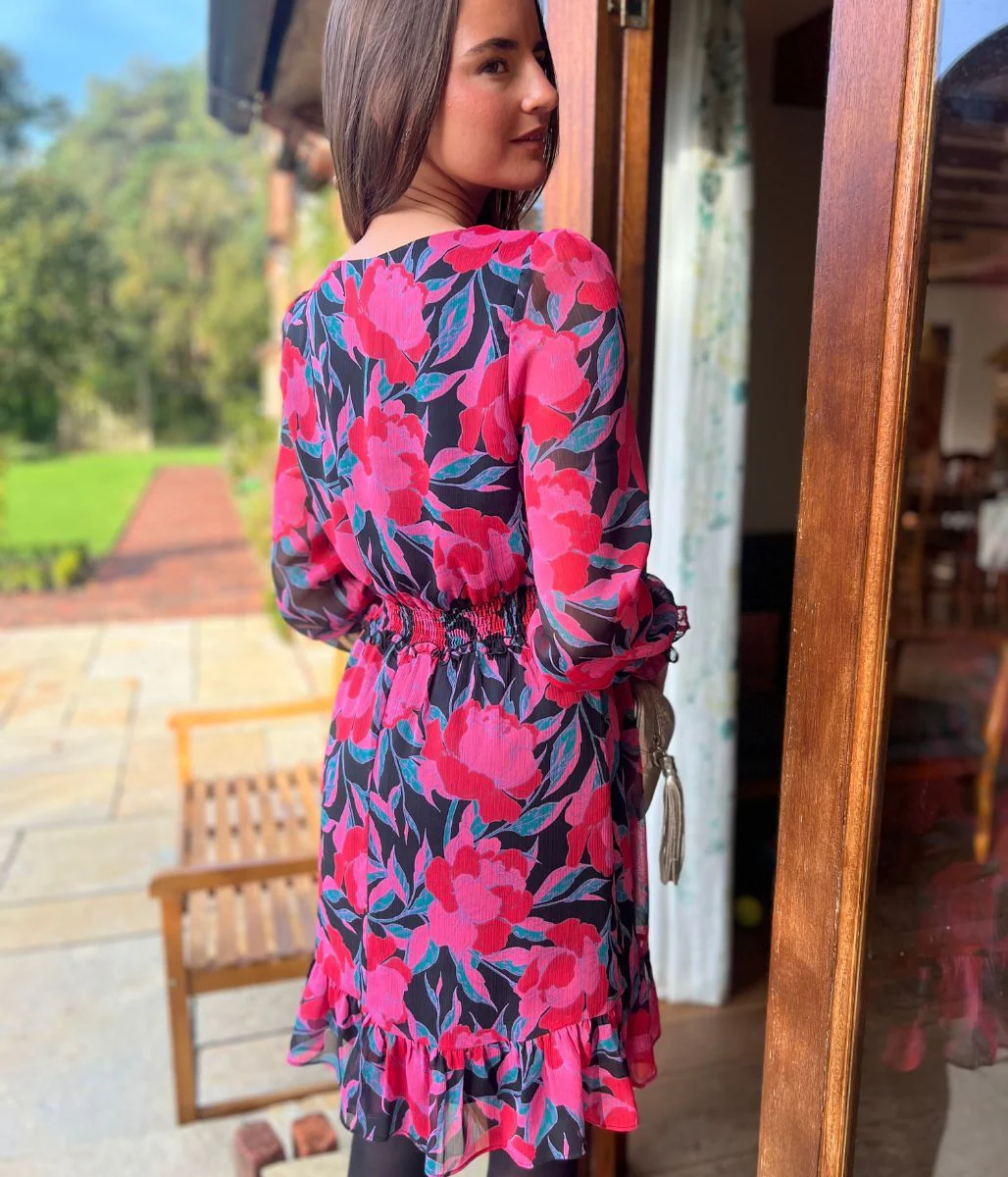 Pink Floral Chiffon Layered Dress - Image 3