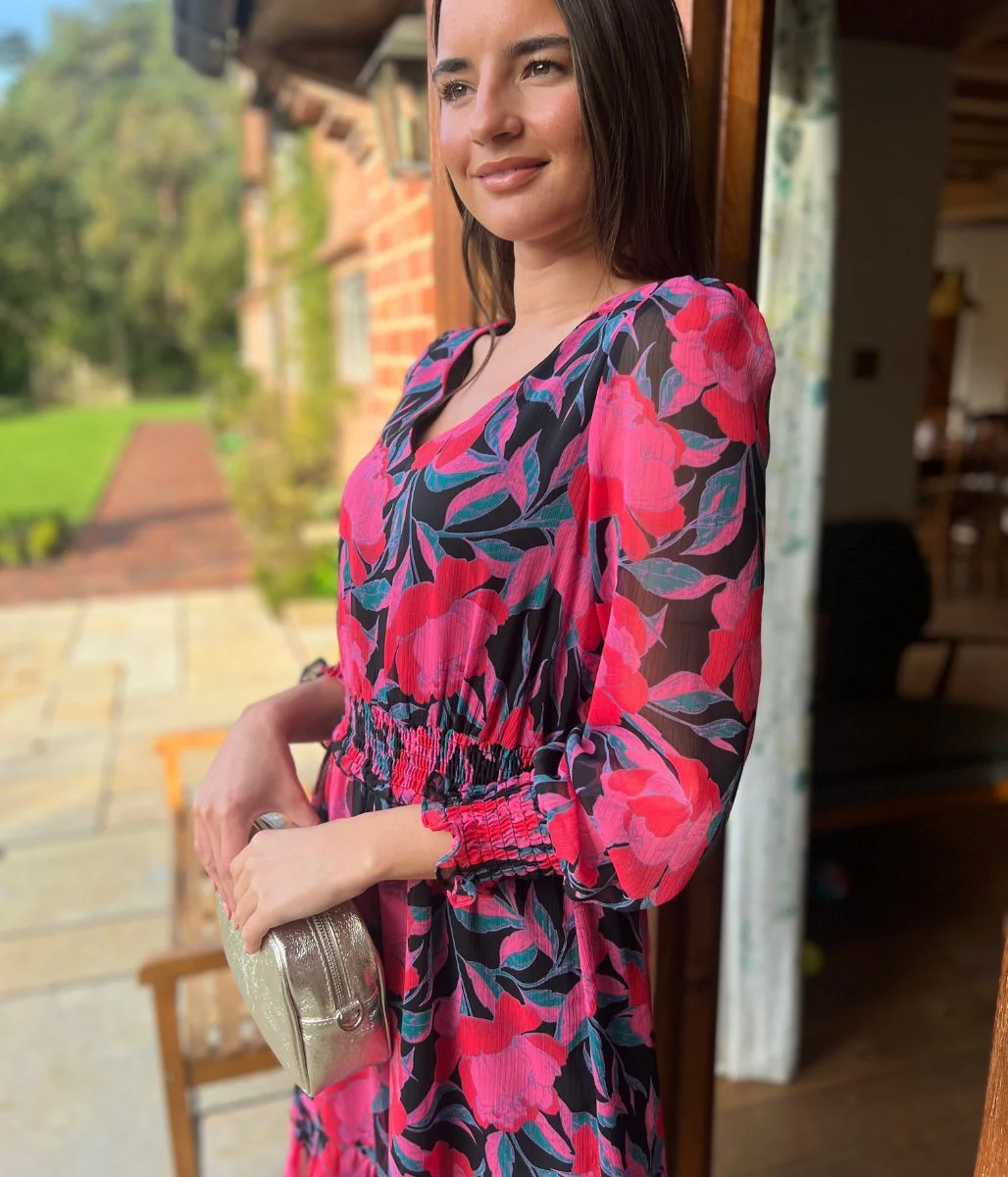 Pink Floral Chiffon Layered Dress - Image 4
