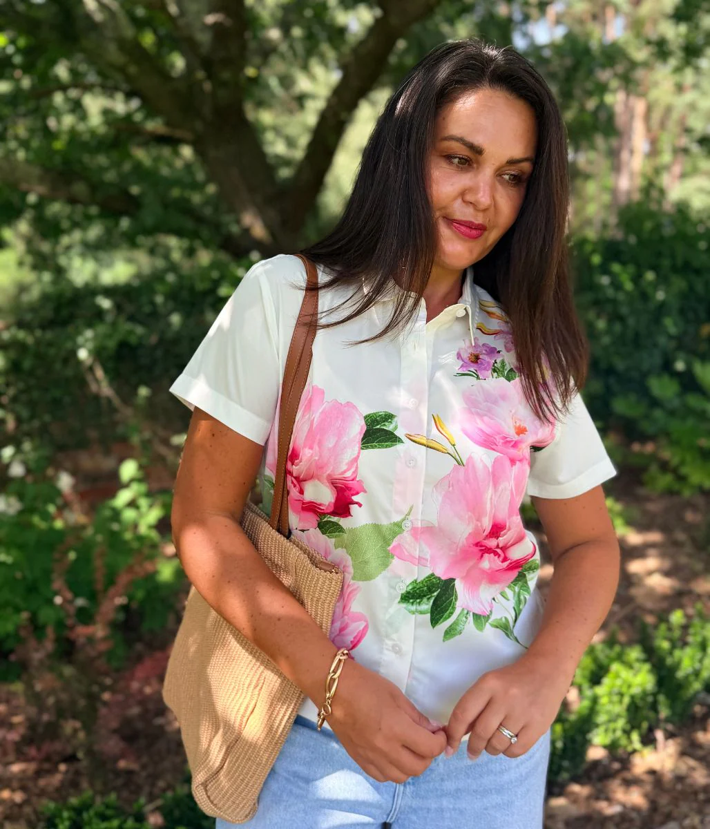 Pink Floral Short Sleeve Silky Shirt - Image 2