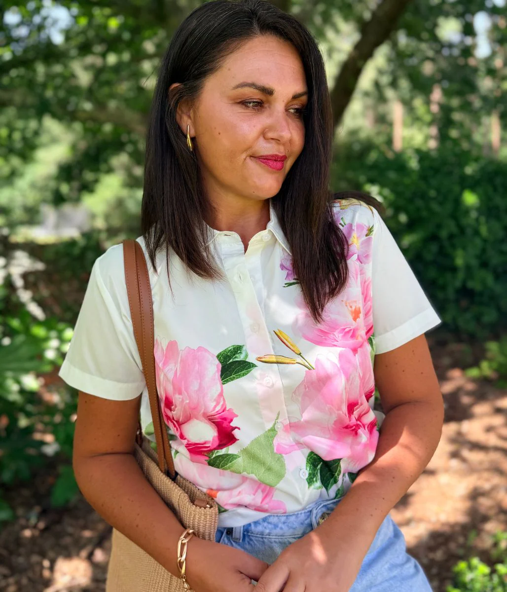 Pink Floral Short Sleeve Silky Shirt - Image 4