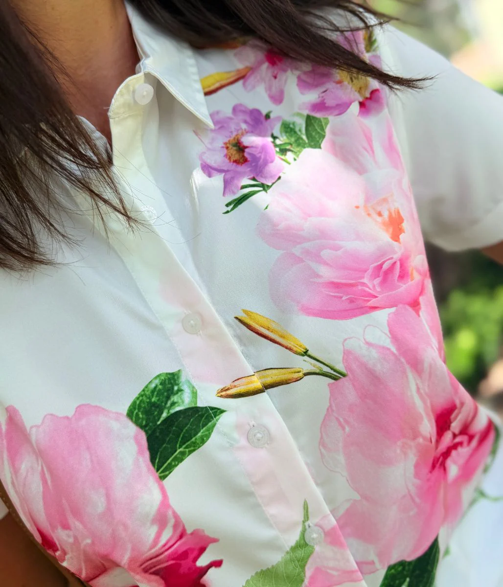 Pink Floral Short Sleeve Silky Shirt - Image 8