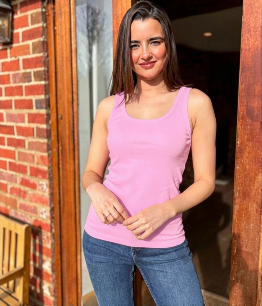 Pink Scoop Neck Ribbed Vest Top