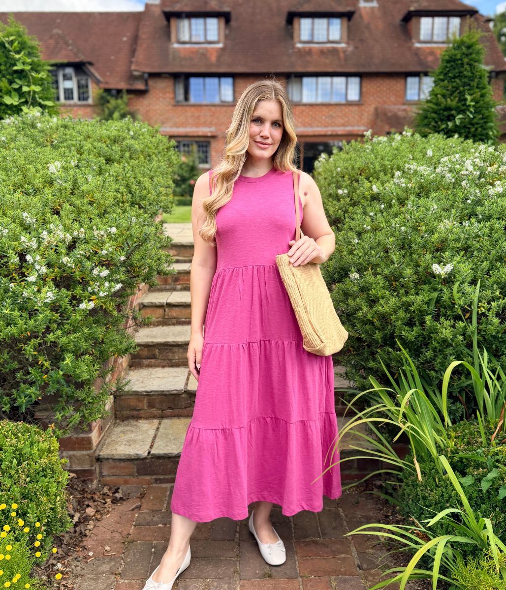Pink Sleeveless Cotton Slub Jersey Tiered Midi Dress - Image 2