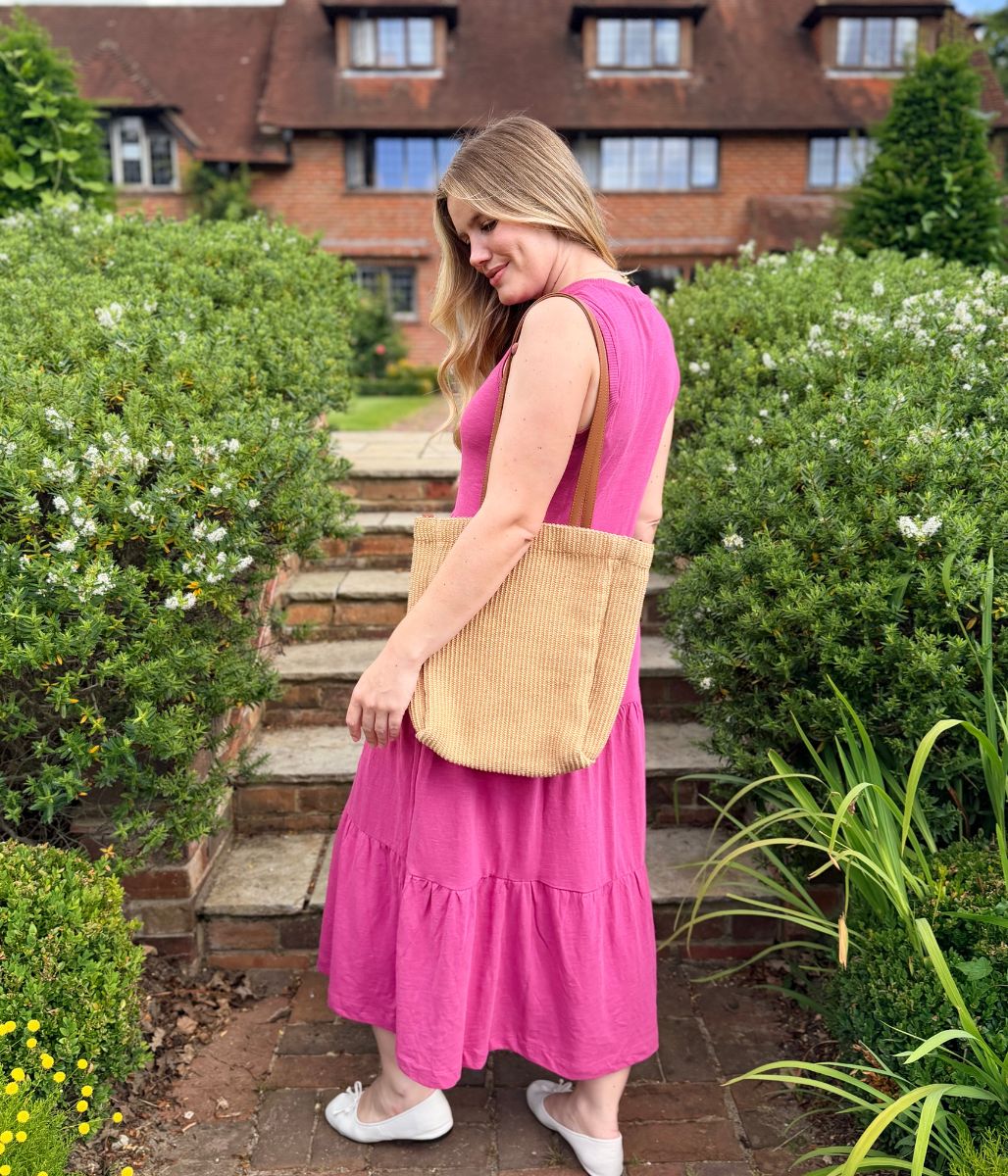 Pink Sleeveless Cotton Slub Jersey Tiered Midi Dress - Image 3