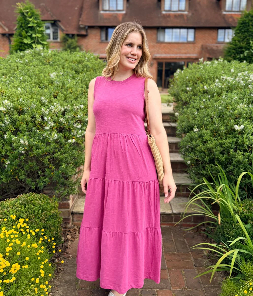 Pink Sleeveless Cotton Slub Jersey Tiered Midi Dress - Image 4