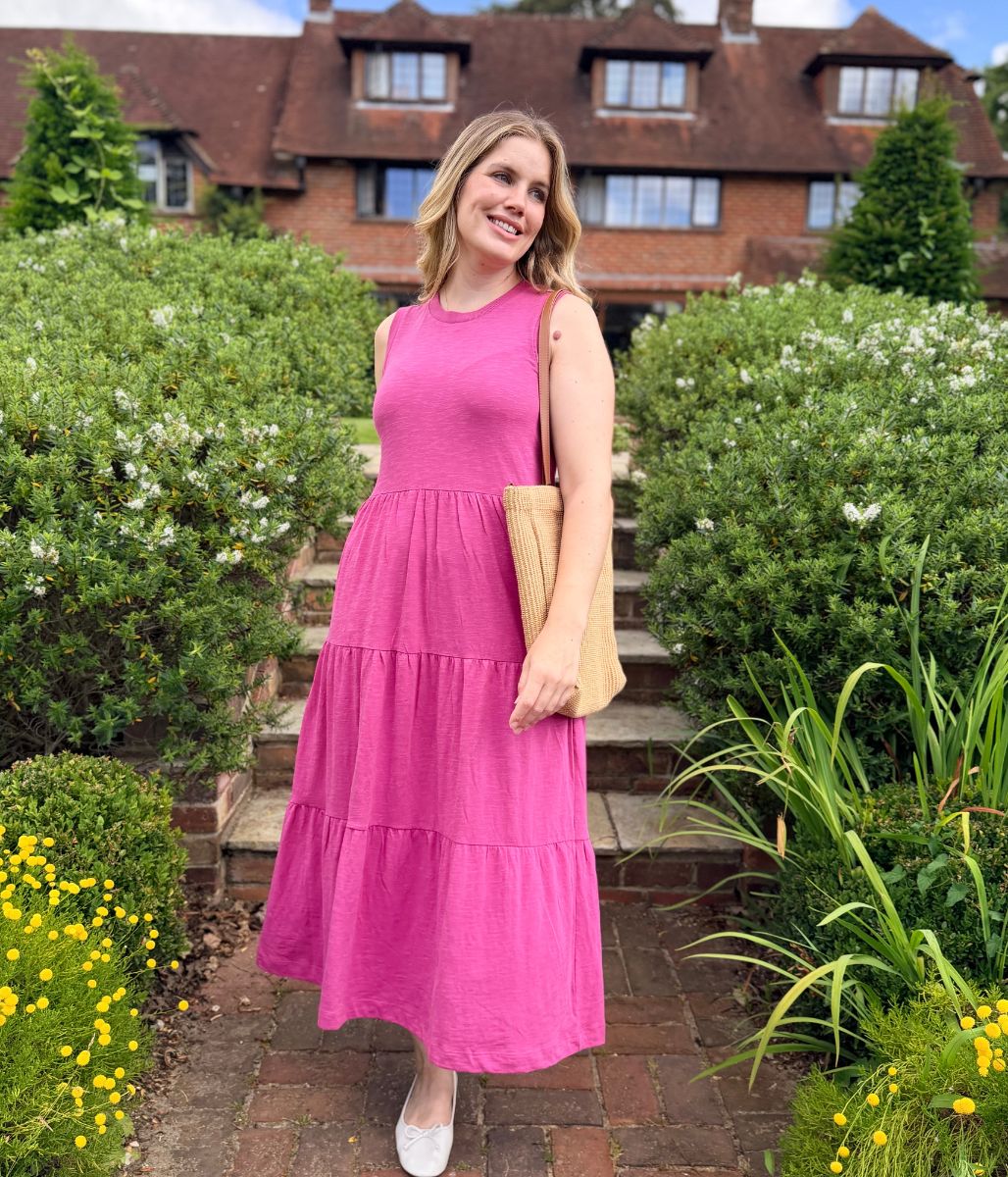 Pink Sleeveless Cotton Slub Jersey Tiered Midi Dress - Image 6
