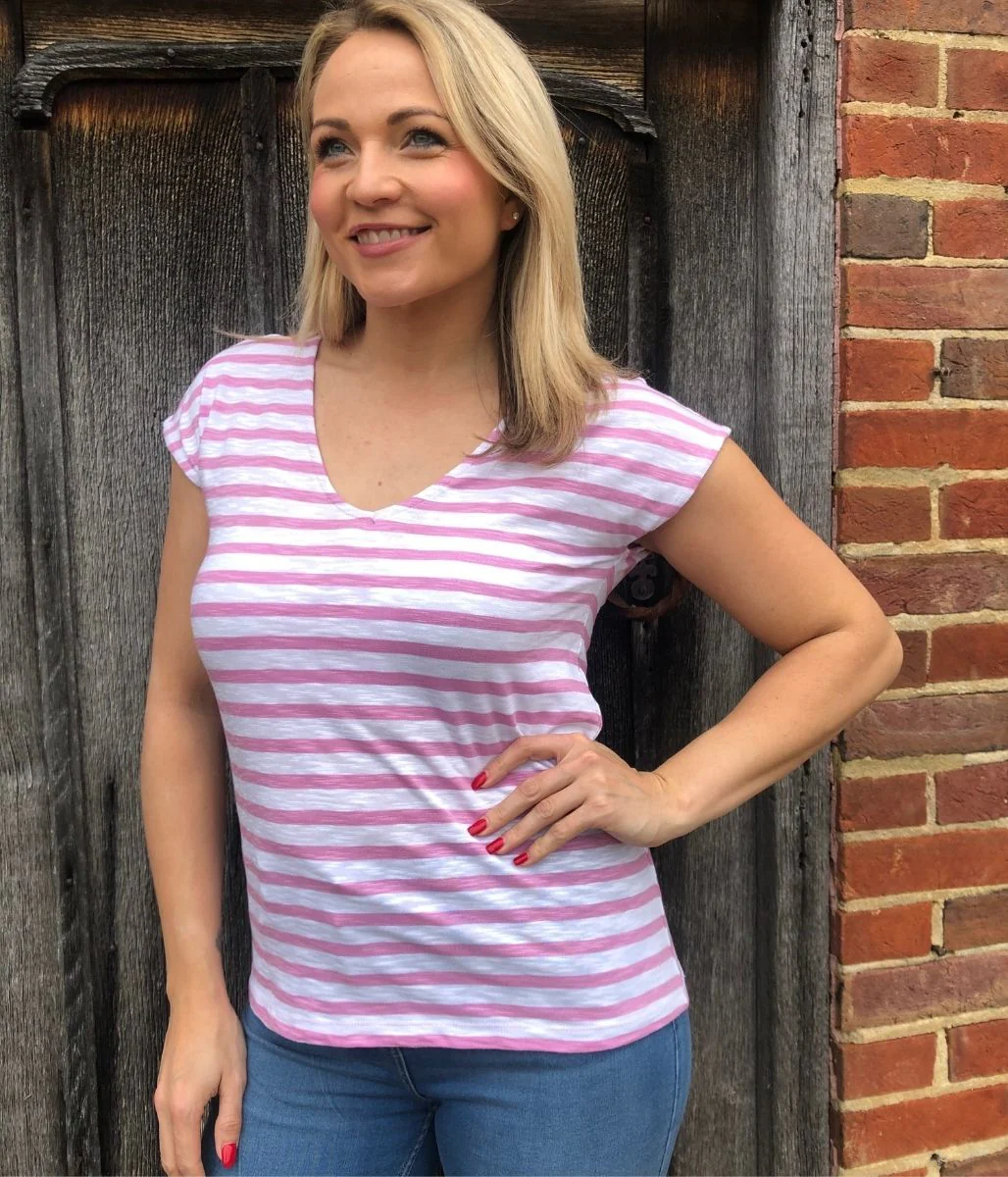 Pink Striped Cotton V Neck Top - Image 2