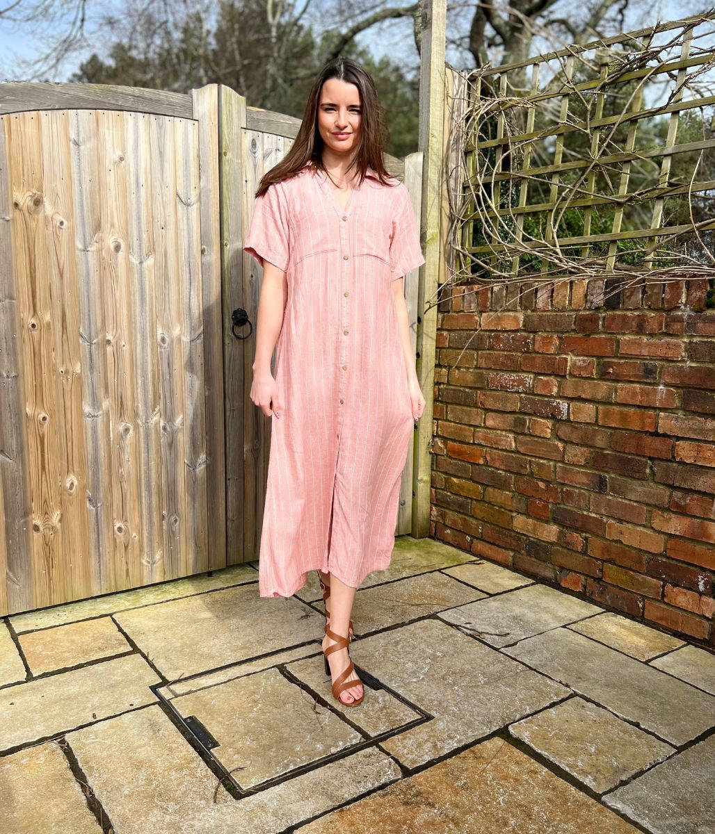 Pink Striped Linen Blend Shirt Dress - Image 2