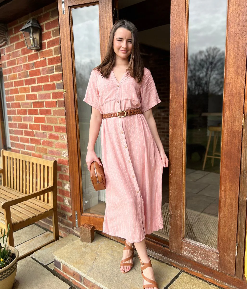 Pink Striped Linen Blend Shirt Dress - Image 3