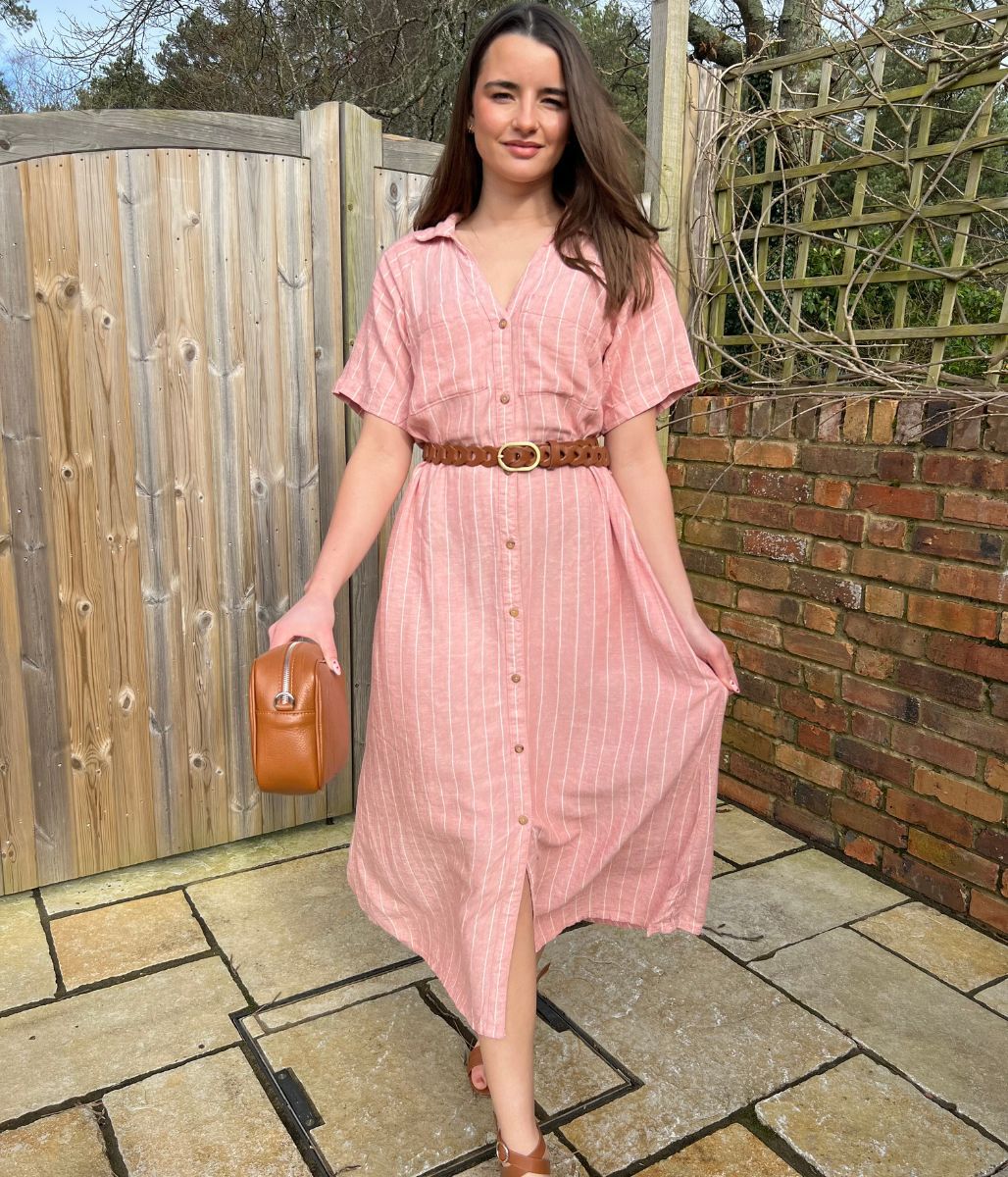 Pink Striped Linen Blend Shirt Dress - Image 4