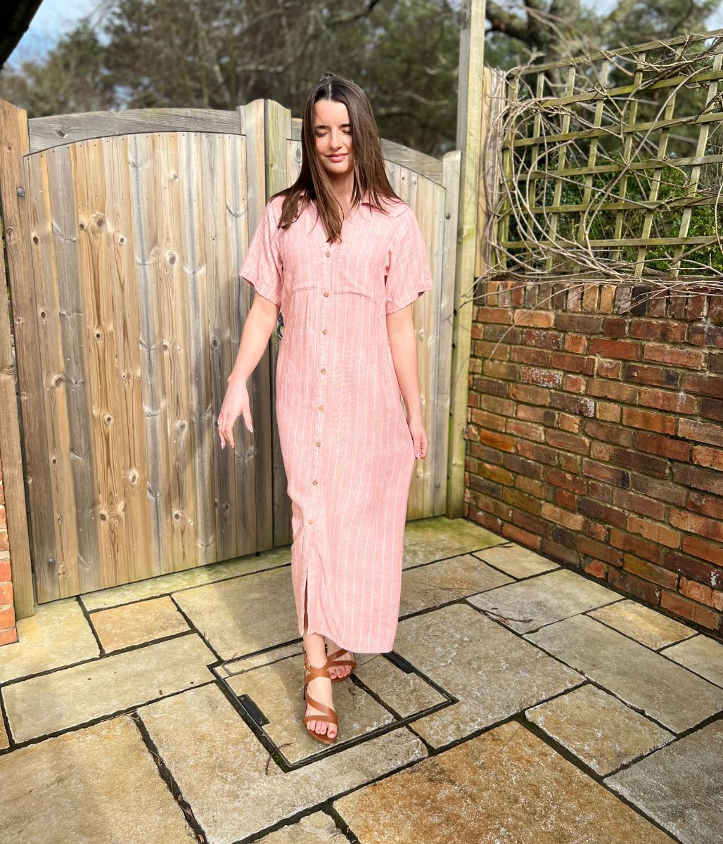 Pink Striped Linen Blend Shirt Dress - Image 5
