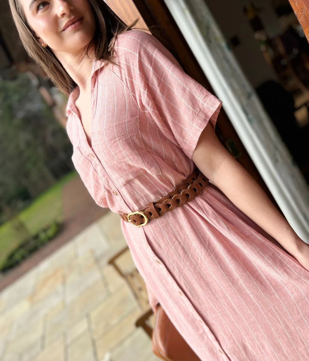 Pink Striped Linen Blend Shirt Dress - Image 6
