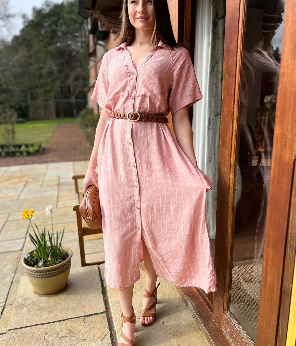 Pink Striped Linen Blend Shirt Dress - Image 8