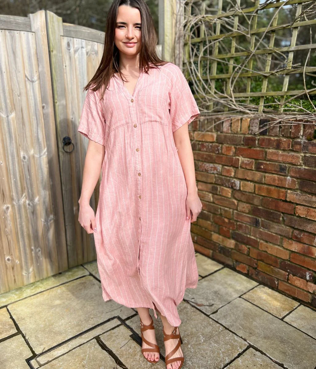 Pink Striped Linen Blend Shirt Dress - Image 9