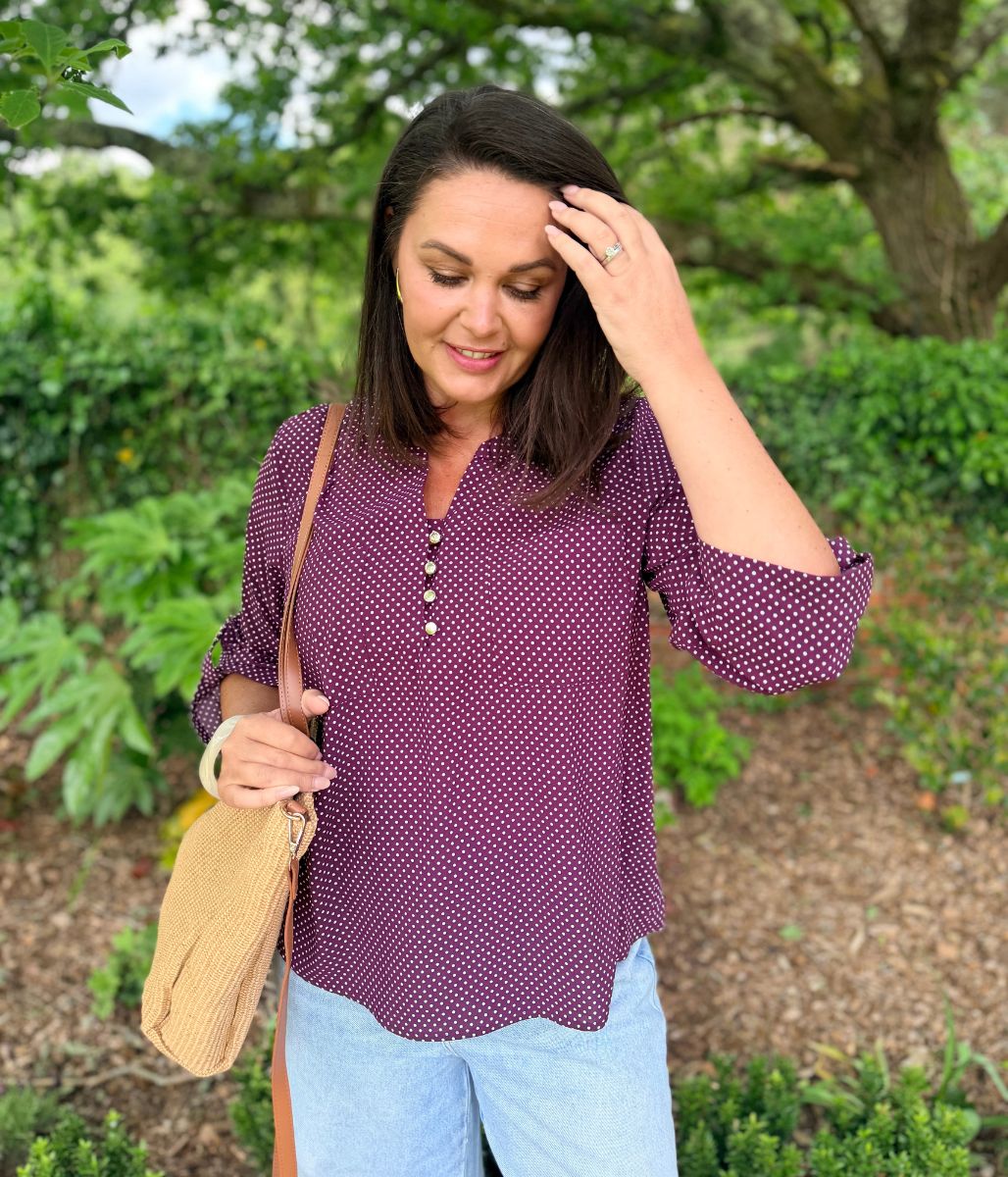 Plum Polka Dot Popover Blouse - Image 2