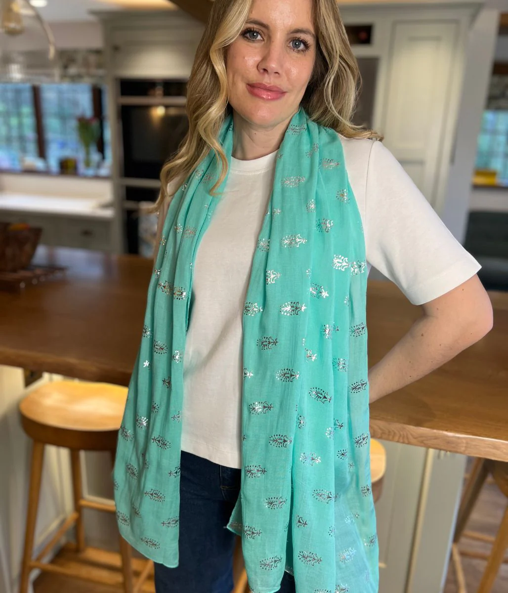 POM Aqua Metallic Feather Print Scarf - Image 3