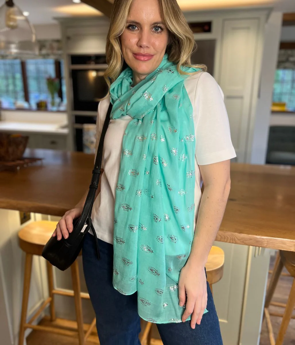 POM Aqua Metallic Feather Print Scarf - Image 4