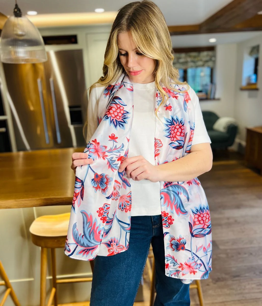 POM Blue & Red Silky Floral Print Scarf - Image 3