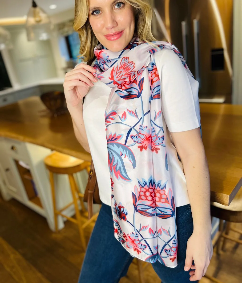 POM Blue & Red Silky Floral Print Scarf - Image 4