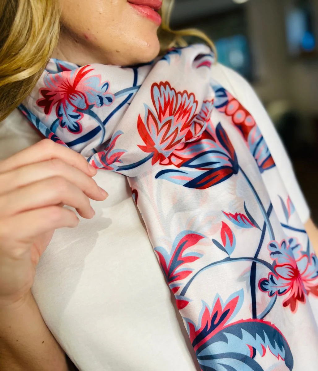 POM Blue & Red Silky Floral Print Scarf - Image 6