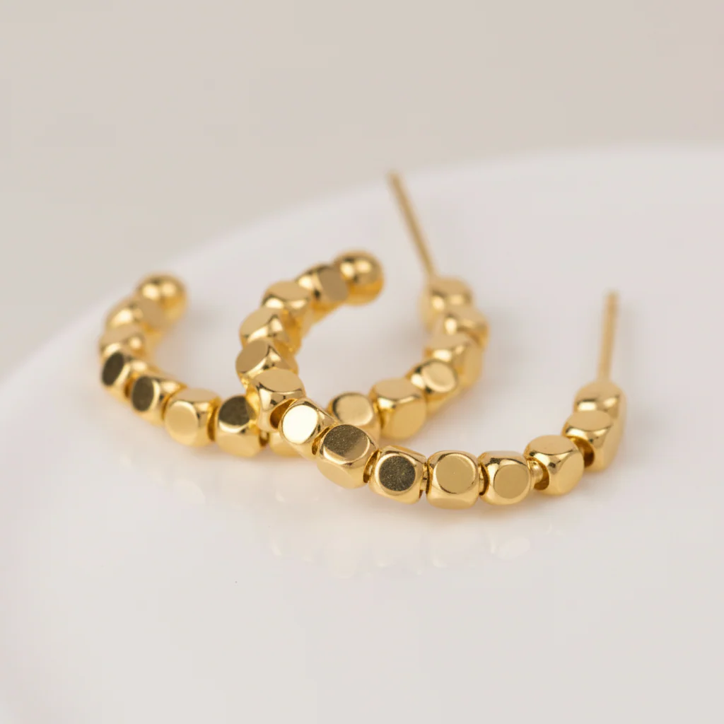 POM Gold Cube Bead Hoop Earrings - Image 2