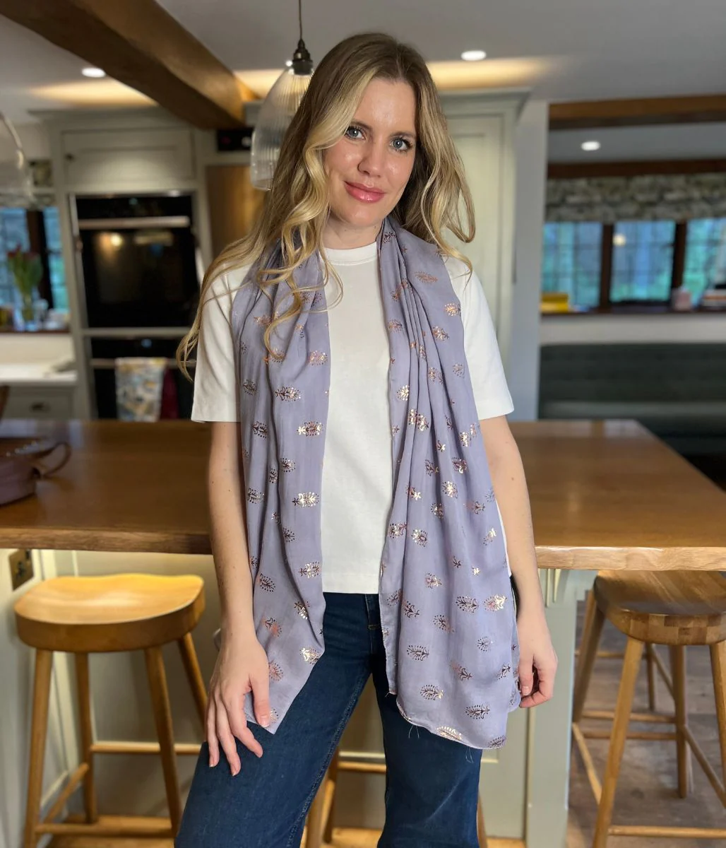 POM Grey Metallic Feather Print Scarf