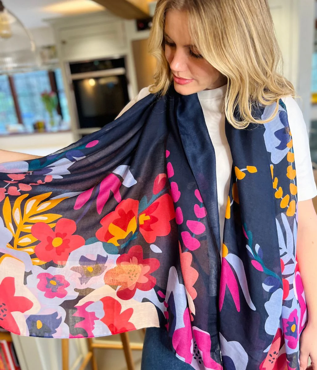 POM Navy Blue Tropical Print Scarf - Image 4