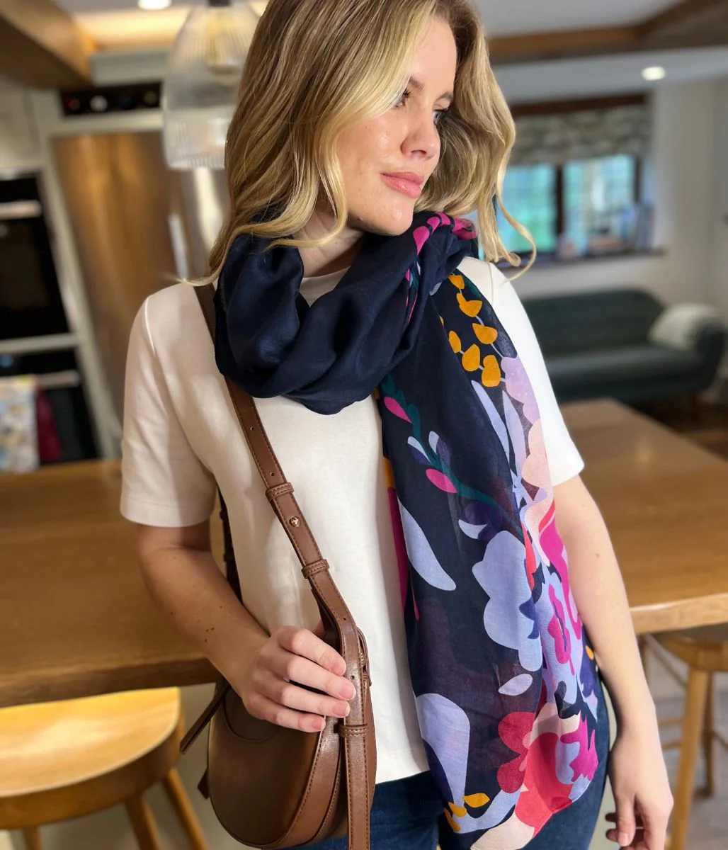 POM Navy Blue Tropical Print Scarf - Image 5