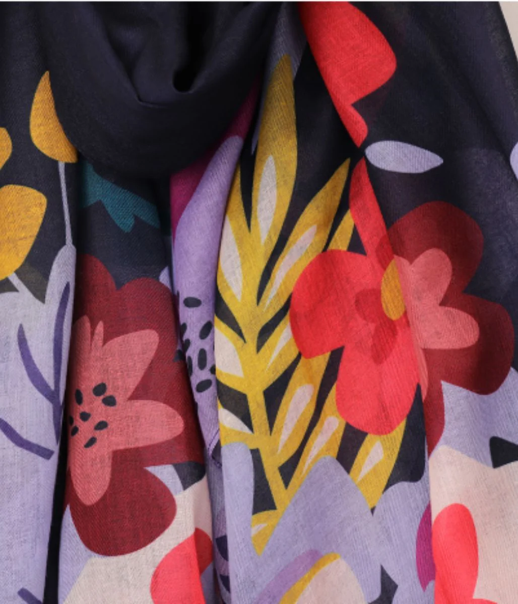POM Navy Blue Tropical Print Scarf - Image 6