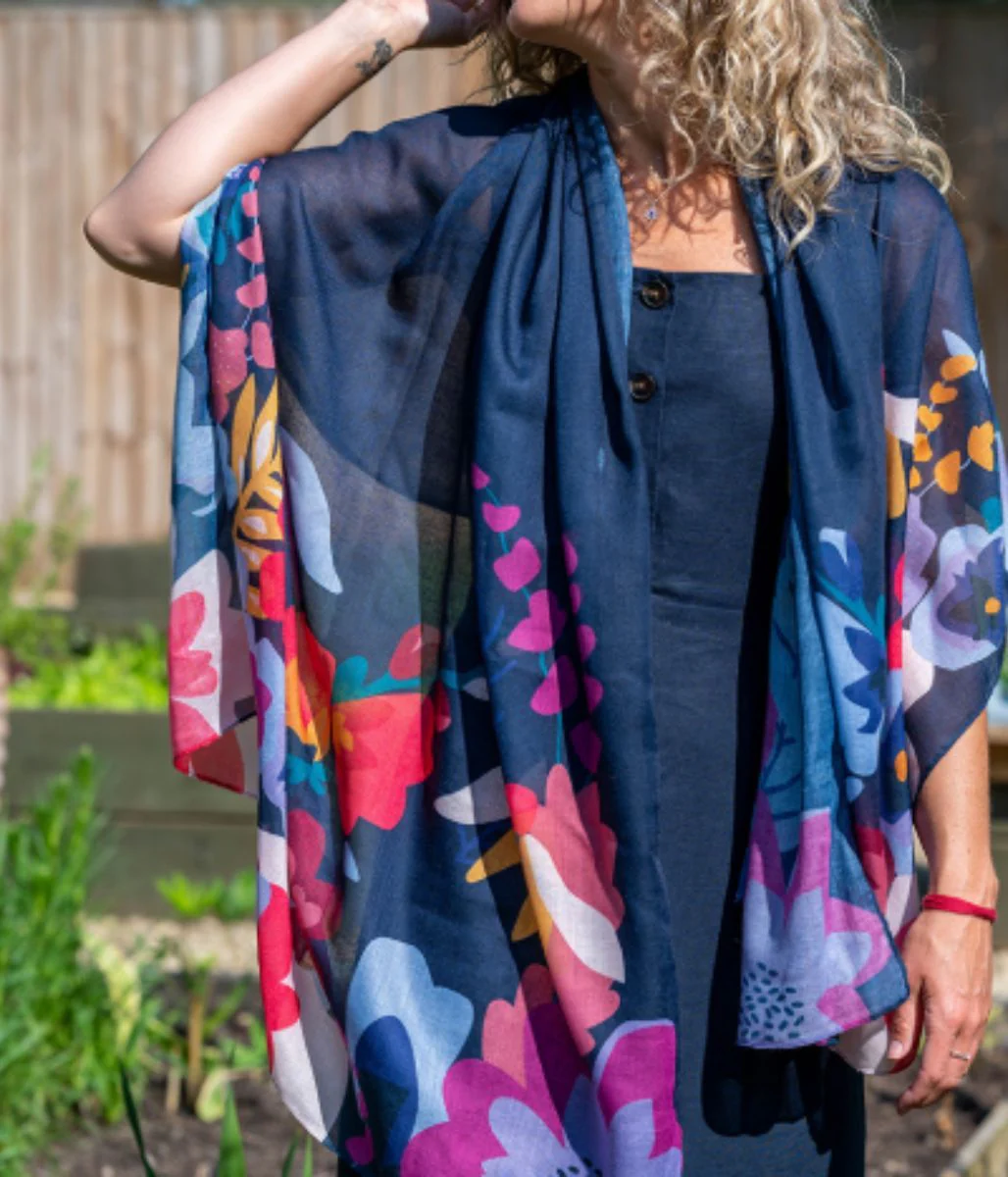 POM Navy Blue Tropical Print Scarf - Image 7